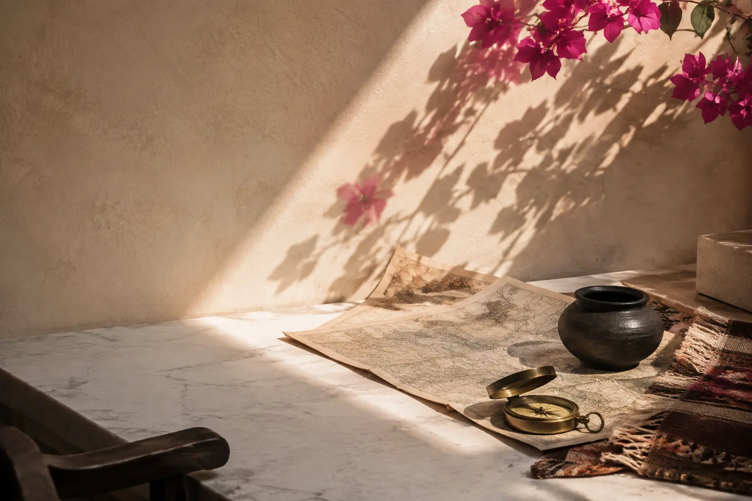 Sunlit discovery table with a map, brass compass, black clay vessel and bougainvillea